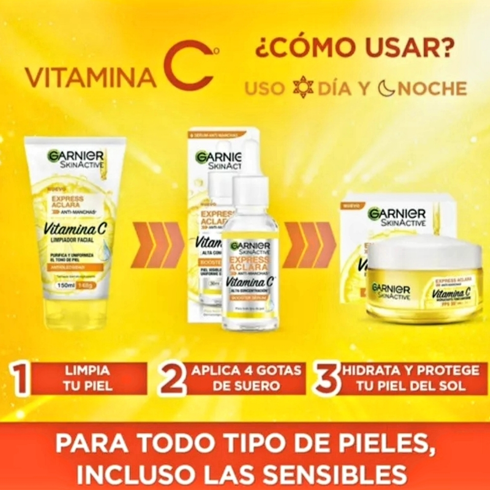 Kit Garnier Express Aclara Serum +crema +gel Con Vitamina C Tipo de piel Normal - Picture 3 of 8
